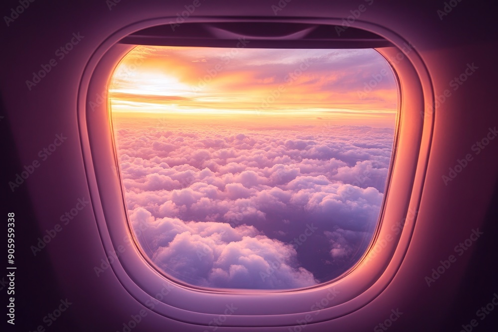Beautiful sunset sky above clouds with dramatic light. Cabin view from airplane, ai Beautiful sunset sky above clouds with dramatic light. Cabin view from airplane, ai