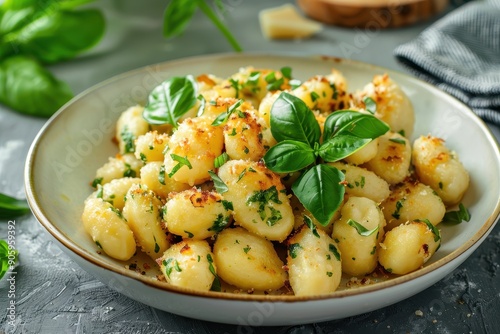 Close-up of Gnocchi with Basil and Parmesan Cheese