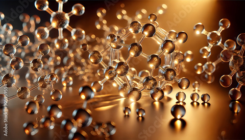 A 3D rendering of transparent molecules displayed at various angles, illuminated by golden hour lighting. The molecules are depicted with intricate de