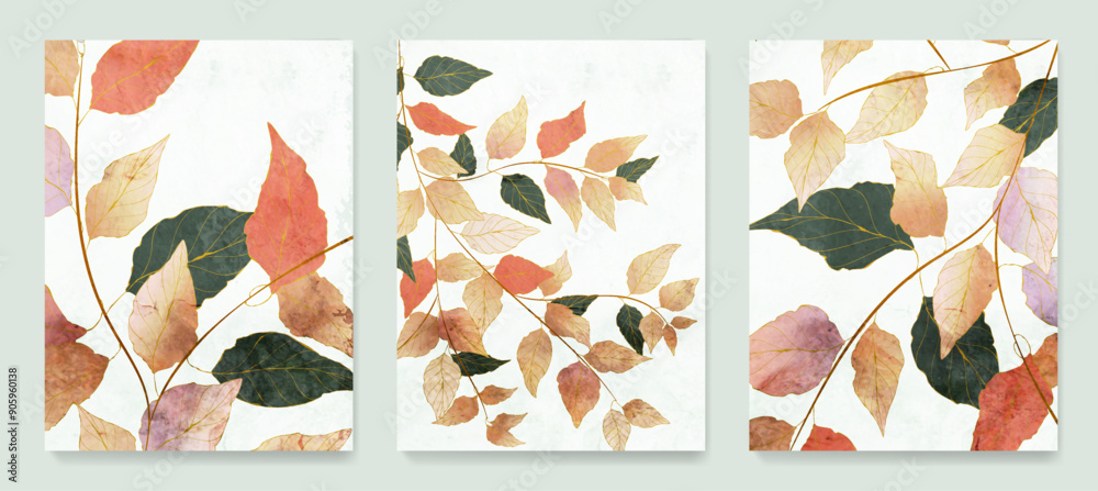 Fototapeta premium Botanical set of autumn leaves posters in watercolor style. Fall floral pattern for print, cover, social media, textile, card, invitation, sales, wallpaper.