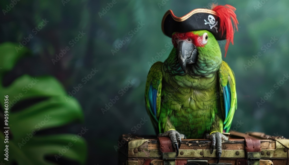 Obraz premium A parrot wearing a pirate hat sits on a vintage suitcase against a green backdrop.