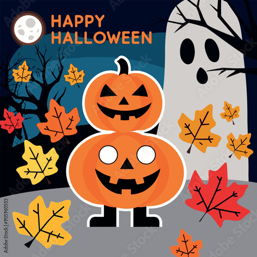 a poster with a pumpkin and a ghost with the words happy halloween on it.