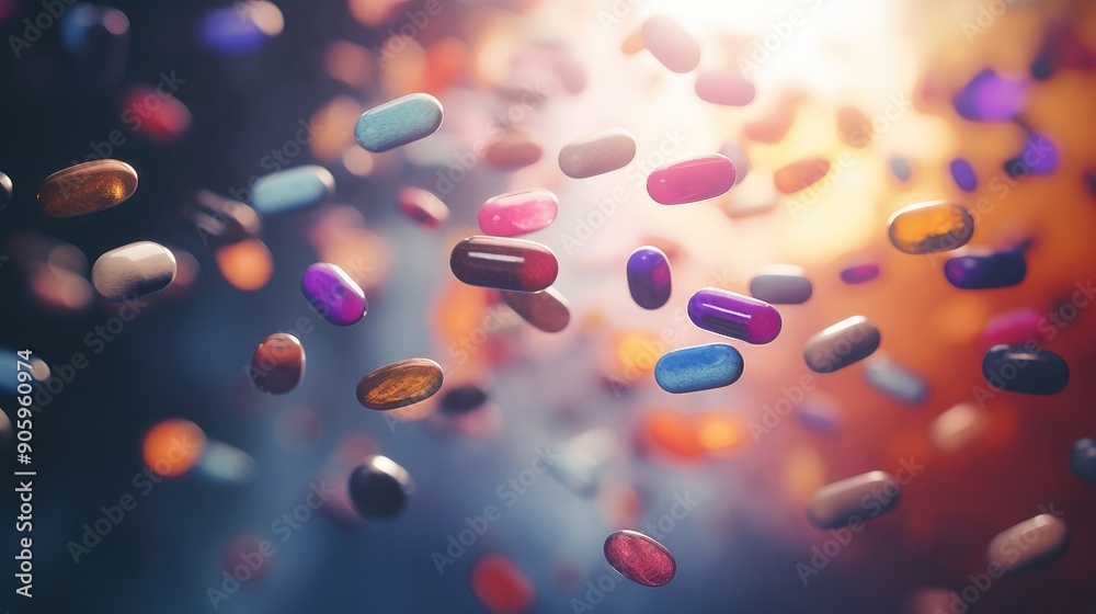 Close-up of colorful pills floating in mid-air Close-up of colorful pills floating in mid-air