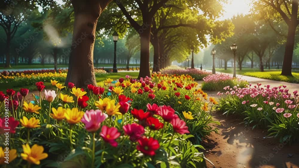 tulip garden in spring.Seamless 4k time lapse virtual video animation background tulip garden in spring.Seamless 4k time lapse virtual video animation background