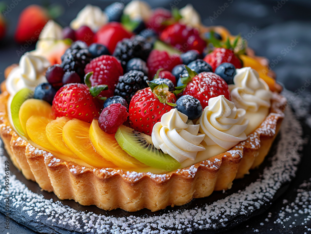 a cake with strawberries and blueberries, and many fruit on top. The cake has a white frosting and is on a white table. a cake with strawberries and blueberries, and many fruit on top. The cake has a white frosting and is on a white table.