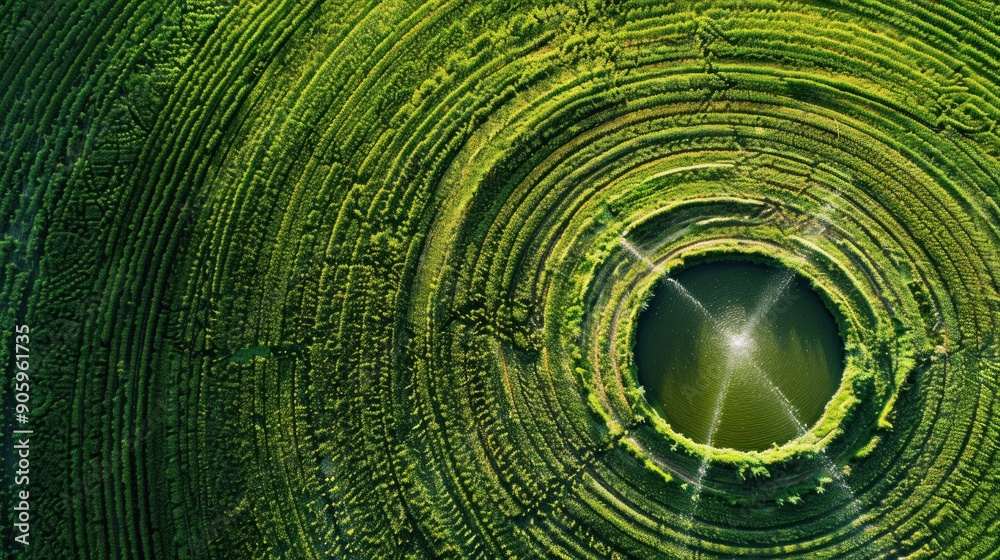 Obraz premium Aerial View of a Circular Pond Surrounded by Concentric Green Rows