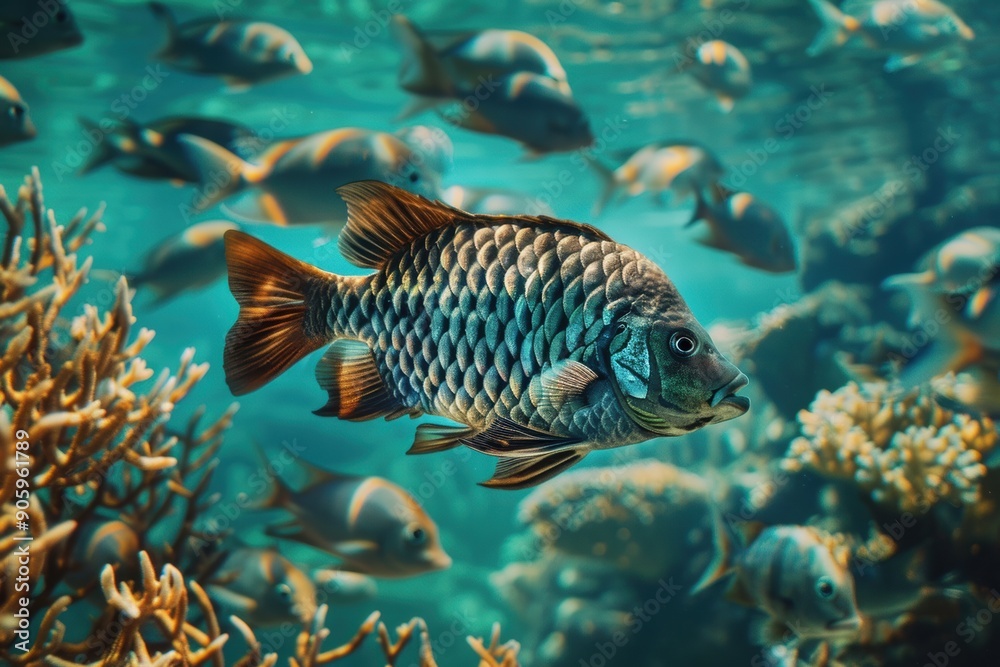 Fototapeta premium a vibrant coral reef thrives with schools of tropical fish in vivid hues. Swirling kelp forests and curious sea creatures bask in rays of sunlight breaking through the water's surface.