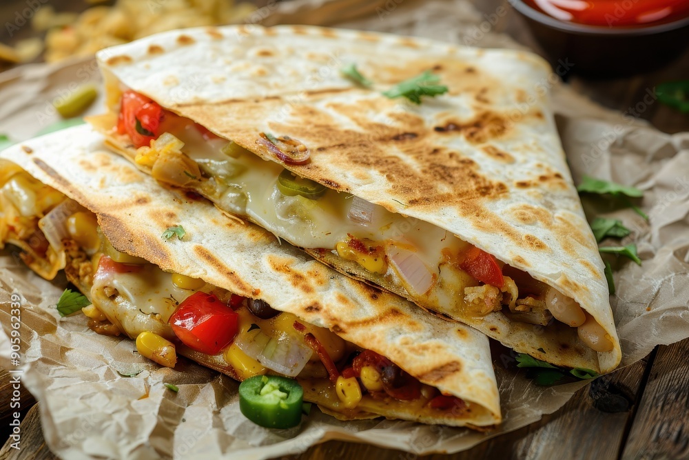 Two Golden-Brown Quesadillas Filled with Melted Cheese, Peppers, Corn, and Onions Two Golden-Brown Quesadillas Filled with Melted Cheese, Peppers, Corn, and Onions