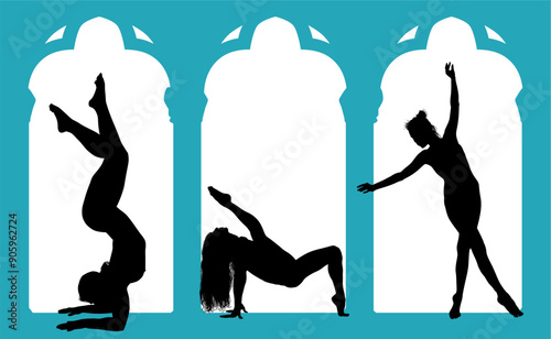 vector silueta femenina, yoga, ballet, estiramientos, deporte, flexibilidad, postura yoga, ventanal, contra luz