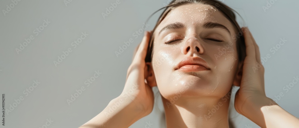 Fototapeta premium A woman massaging her face with an oil cleanser, her hair tied back and a sense of relaxation in the atmosphere