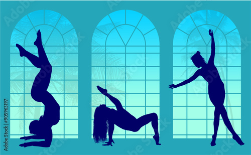 vector silueta femenina, yoga, ballet, estiramientos, deporte, flexibilidad, postura yoga, ventanal, contra luz