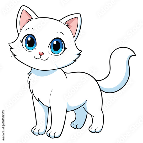 A Cartoon White Cat With Blue Eyes Standing On A White Background