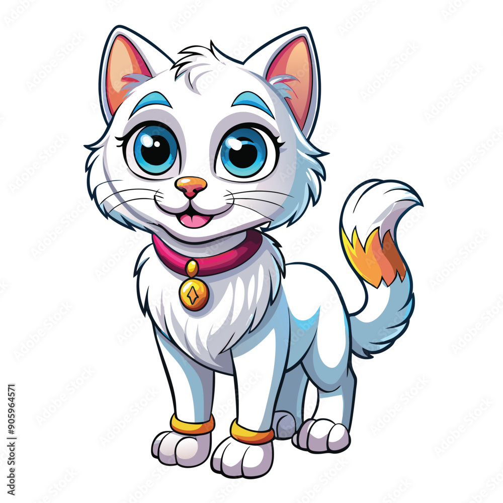 Cartoon White Cat with Blue Eyes and a Red Collar Cartoon White Cat with Blue Eyes and a Red Collar