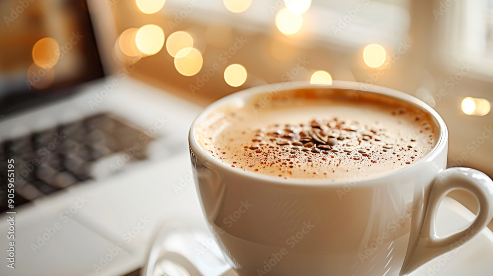 Productive Morning Routine - Close-up of Hand Typing on Laptop Keyboard with Coffee Cup Nearby Productive Morning Routine - Close-up of Hand Typing on Laptop Keyboard with Coffee Cup Nearby