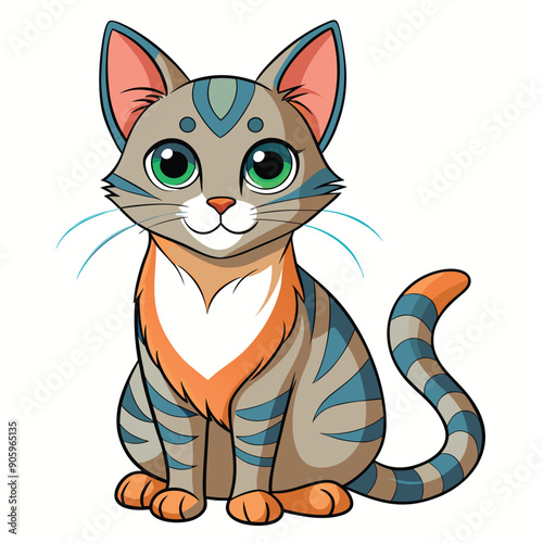 Cartoon Illustration of a Sitting Striped Cat with Big Green Eyes