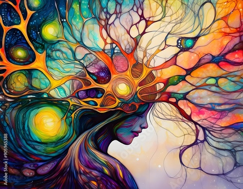 A vibrant, multicolored depiction features a profile of a person with an elaborate, flowing design emerging from their head, reminiscent of neural networks or tree branches. 