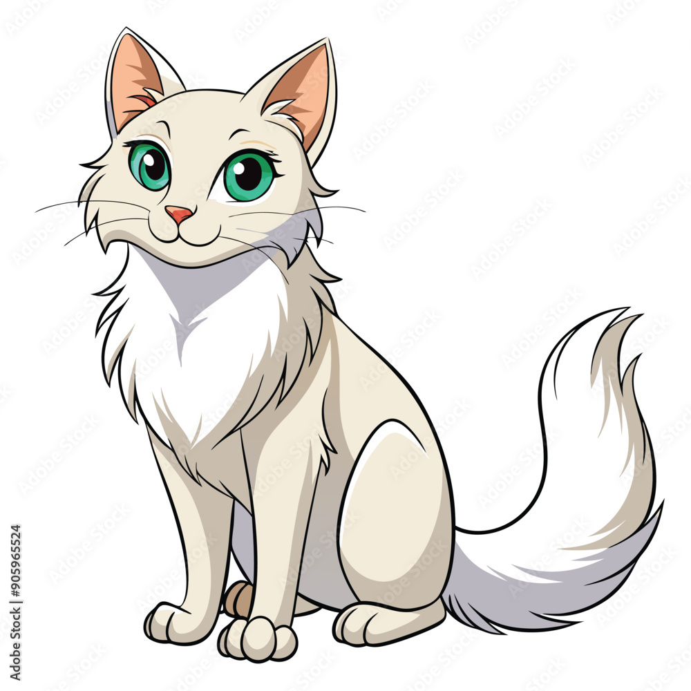 A White Cat Sitting With a Fluffy Tail and Green Eyes A White Cat Sitting With a Fluffy Tail and Green Eyes