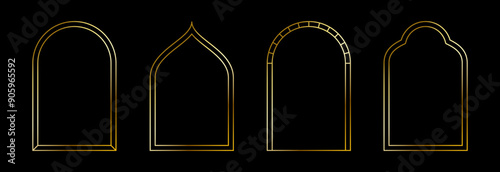 Thin golden arch set. Gold arc border frame collection in oriental style. Muslim linear shining curve shape bundle. Glowing shiny boarder element pack for photo, cadre, poster, card. Vector