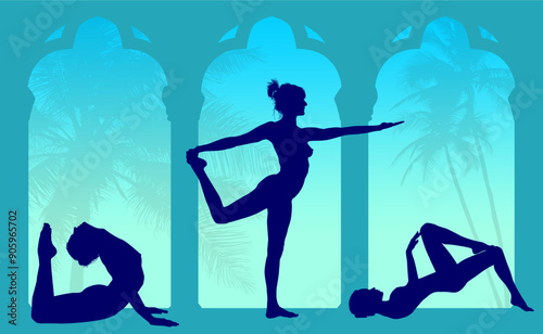 vector silueta femenina, yoga, ballet, estiramientos, deporte, flexibilidad, postura yoga, ventanal, contra luz