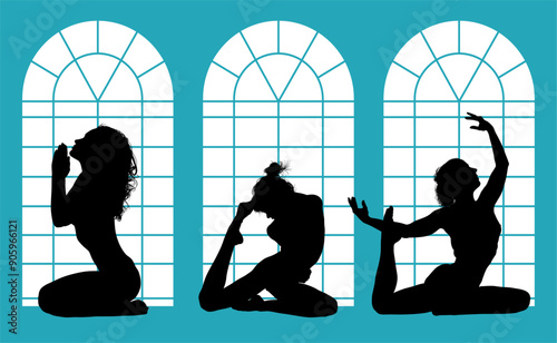 vector silueta femenina, yoga, ballet, estiramientos, deporte, flexibilidad, postura yoga, ventanal, contra luz