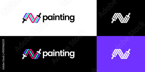 initial letter n paint brush logo, painting service logo