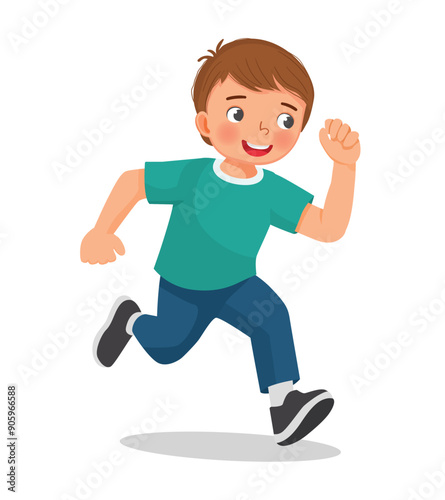 Cute little boy running jogging on the road
