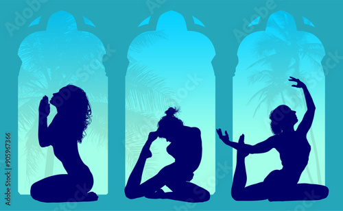 vector silueta femenina, yoga, ballet, estiramientos, deporte, flexibilidad, postura yoga, ventanal, contra luz