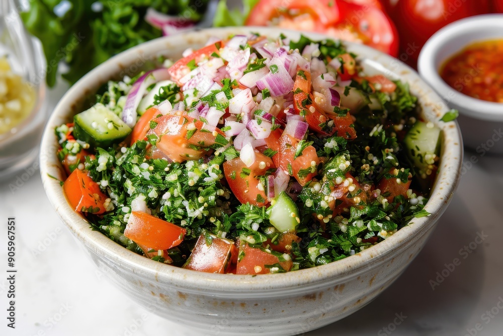 A Bowl of Tabbouleh Salad with Tomatoes, Cucumbers, and Red Onion A Bowl of Tabbouleh Salad with Tomatoes, Cucumbers, and Red Onion