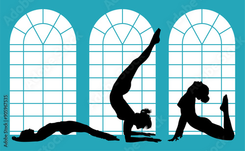 vector silueta femenina, yoga, ballet, estiramientos, deporte, flexibilidad, postura yoga, ventanal, contra luz