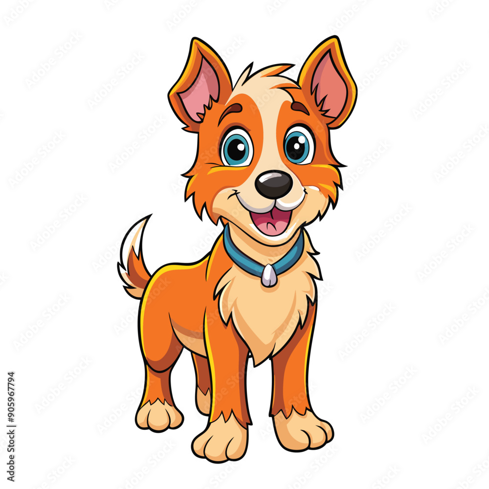 Cartoon illustration of a happy orange and white dog with a blue collar Cartoon illustration of a happy orange and white dog with a blue collar