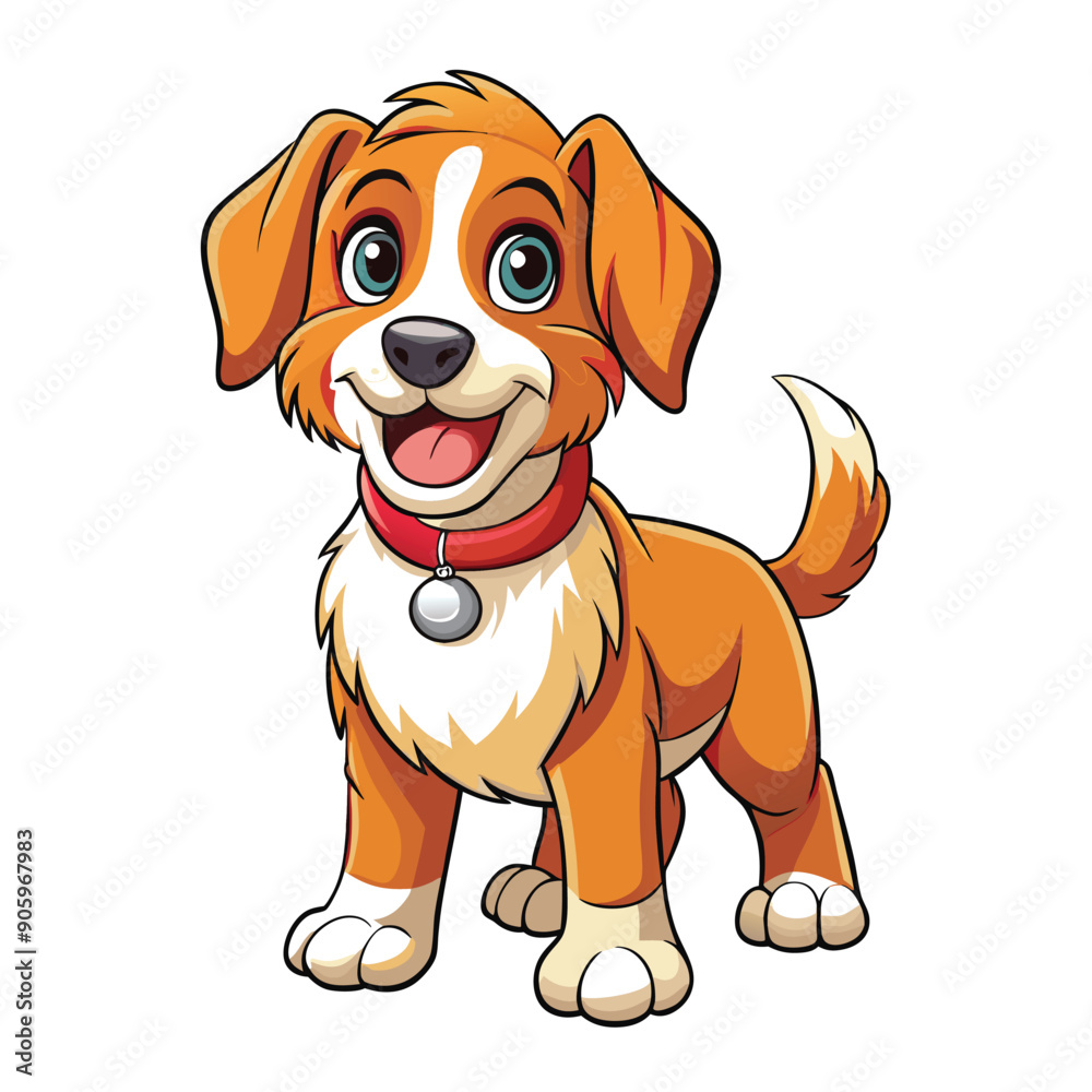Cartoon Illustration of a Smiling Brown and White Puppy Wearing a Red Collar Cartoon Illustration of a Smiling Brown and White Puppy Wearing a Red Collar