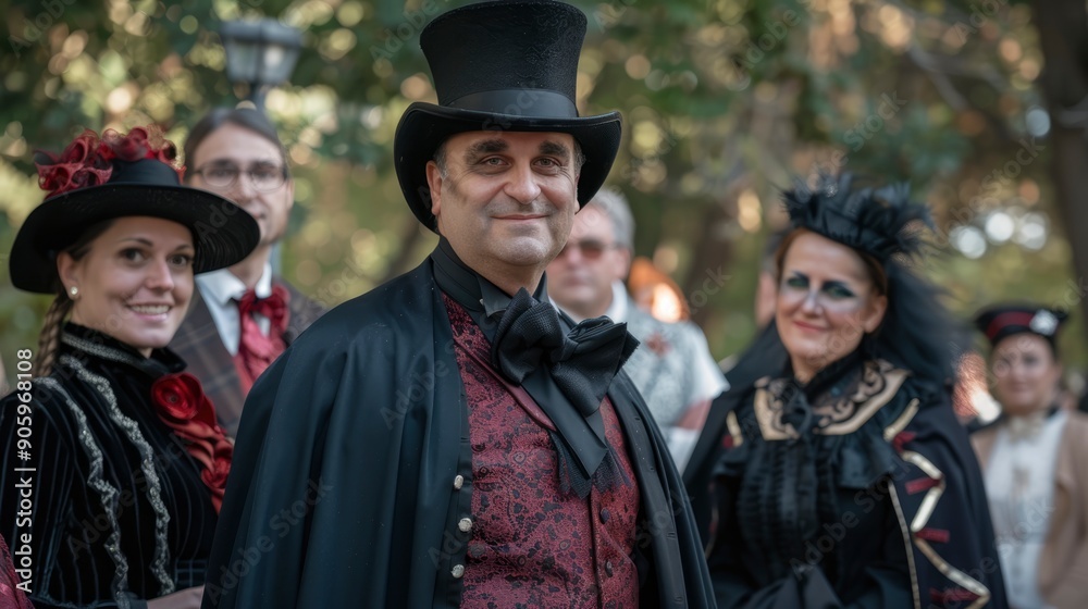 A man in a top hat and cape smiles at the camera while surrounded by other people in period costume. A man in a top hat and cape smiles at the camera while surrounded by other people in period costume.