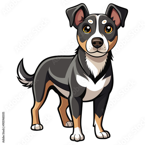Cartoon illustration of a black, white, and brown dog standing