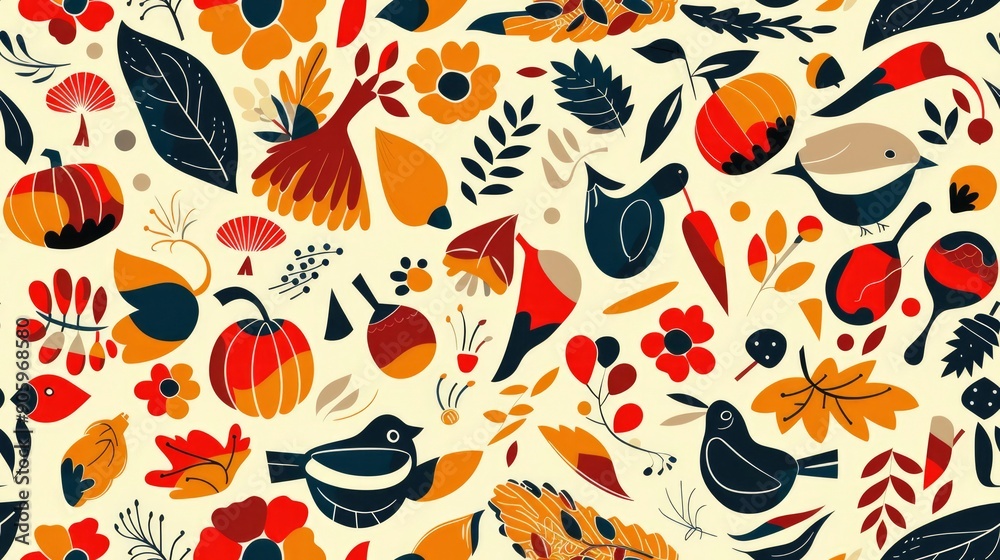 Autumnal seamless pattern with birds, leaves, flowers, and pumpkins in a contemporary style. Autumnal seamless pattern with birds, leaves, flowers, and pumpkins in a contemporary style.