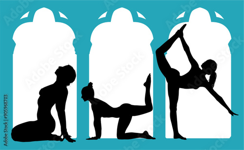 vector silueta femenina, yoga, ballet, estiramientos, deporte, flexibilidad, postura yoga, ventanal, contra luz
