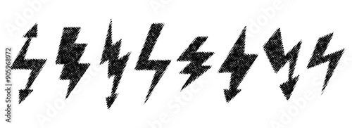 Halftone grunge lightning bolt set. Dotted thunder bolt symbol collection. Rough pixel flash thunderbolt element pack for poster, banner, graphic design. Textured grain arrow sign bundle. Vector