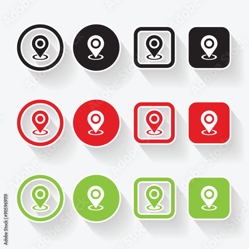 Isolated shadow location pin logo icon design with green, red and black color