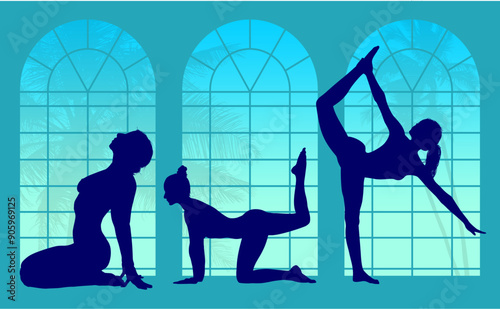vector silueta femenina, yoga, ballet, estiramientos, deporte, flexibilidad, postura yoga, ventanal, contra luz