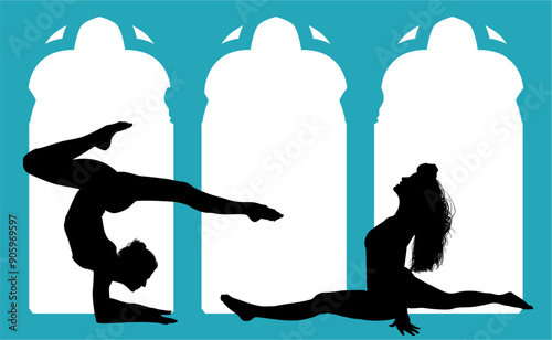 vector silueta femenina, yoga, ballet, estiramientos, deporte, flexibilidad, postura yoga, ventanal, contra luz