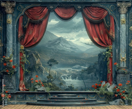theatrical vintage stage with a landscape in the backdrop, rich and intricate details