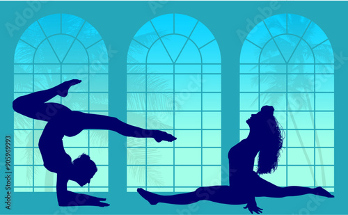 vector silueta femenina, yoga, ballet, estiramientos, deporte, flexibilidad, postura yoga, ventanal, contra luz