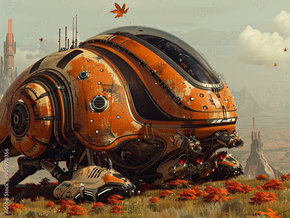 a scene with a futuristic car surrounded by red leaves, with a tree in the background. a scene with a futuristic car surrounded by red leaves, with a tree in the background.