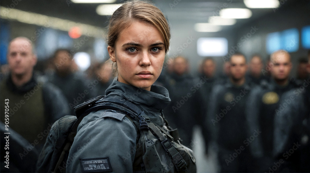 border guard police or soldiers, young woman is a soldier, standing with her comrades in a terminal hall or a meeting room, ready to go to war, blonde Caucasian, first facial expression border guard police or soldiers, young woman is a soldier, standing with her comrades in a terminal hall or a meeting room, ready to go to war, blonde Caucasian, first facial expression