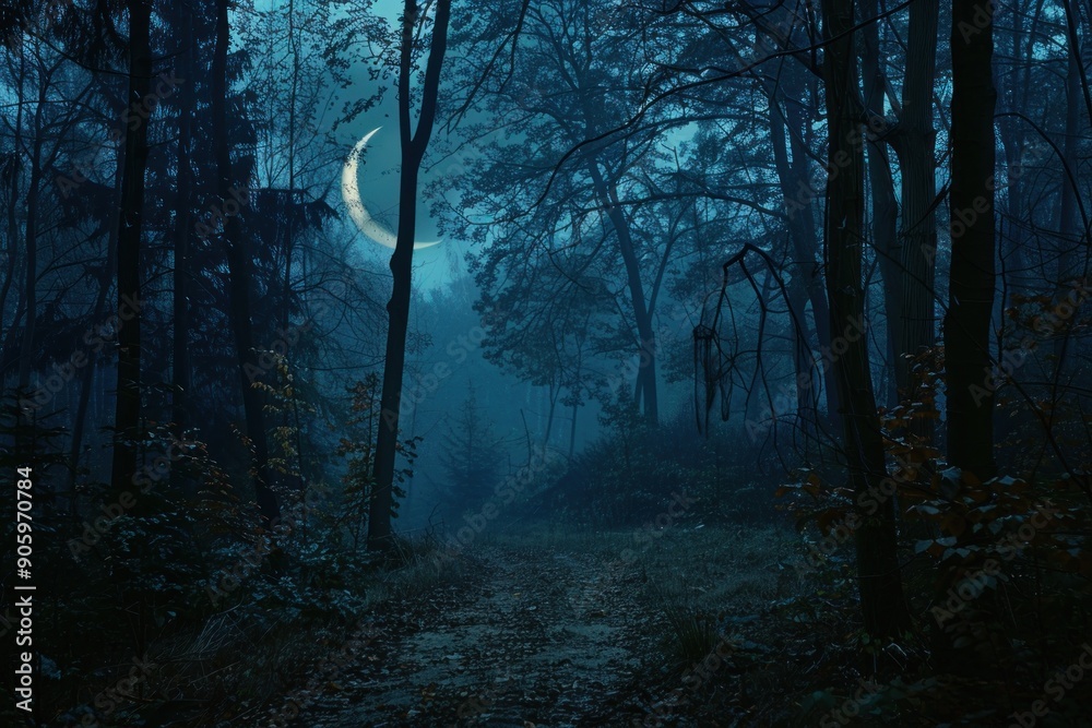 Fototapeta premium A crescent moon shines through the canopy of a dark, misty forest.