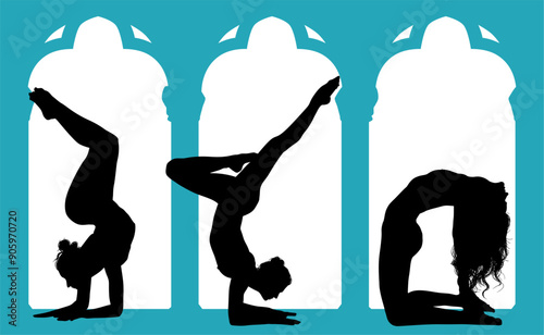 vector silueta femenina, yoga, ballet, estiramientos, deporte, flexibilidad, postura yoga, ventanal, contra luz