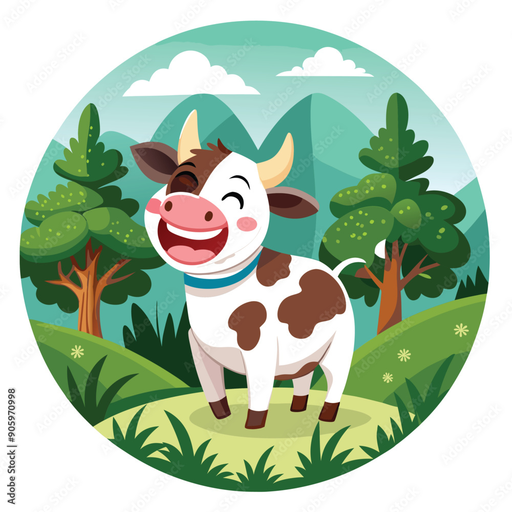 Fototapeta premium A Cartoon Cow Smiling in a Green Field