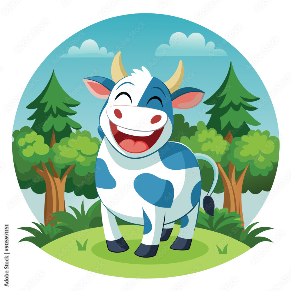A Cartoon Blue and White Cow Smiling in a Forest Clearing A Cartoon Blue and White Cow Smiling in a Forest Clearing