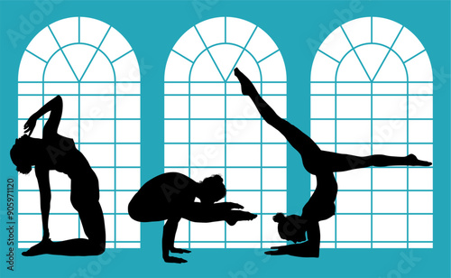 vector silueta femenina, yoga, ballet, estiramientos, deporte, flexibilidad, postura yoga, ventanal, contra luz