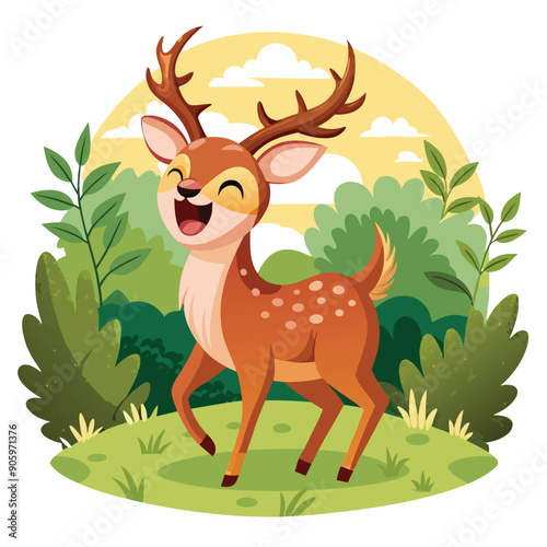 A cheerful cartoon deer with antlers standing in a green forest clearing