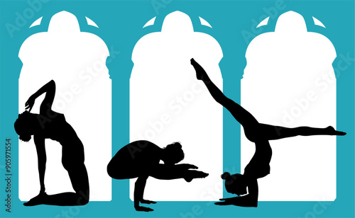 vector silueta femenina, yoga, ballet, estiramientos, deporte, flexibilidad, postura yoga, ventanal, contra luz